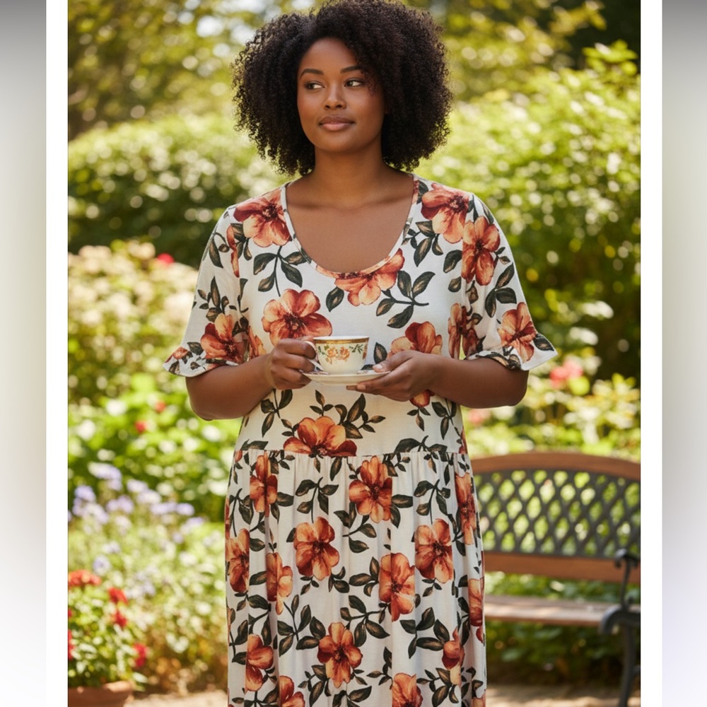 Vibe Floral Dress with Orange and Green Accents